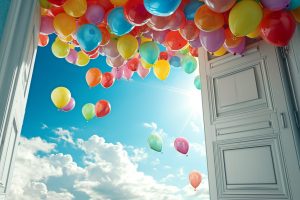 An open wooden door through which balloons come out